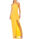 Mac Duggal Halter Neck Rouched Side Front Slit Gown In Yellow