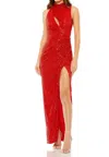 Mac Duggal High Neck Cutout Maxi Sequin Evening Dress In Red In Red