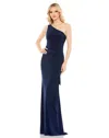 Mac Duggal Jersey One Shoulder Belted Trumpet Gown In Multi