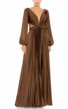 Mac Duggal Pleated Long Sleeve Cut Out Gown In Brown