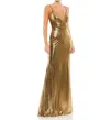 Mac Duggal Metallic Faux Wrap Spaghetti Strap Gown In Bronze In Green