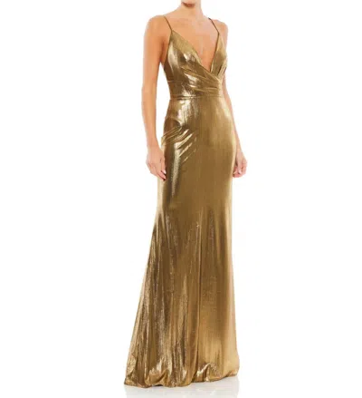 Mac Duggal Metallic Faux Wrap Spaghetti Strap Gown In Bronze In Green