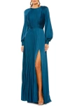 Mac Duggal Pleated Long Sleeve Satin A-line Gown In Peacock
