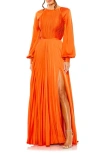 Mac Duggal Pleated Long Sleeve Satin A-line Gown In Sunset