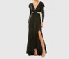 Mac Duggal Princess Sleeve Cut Out Metallic Gown In Black