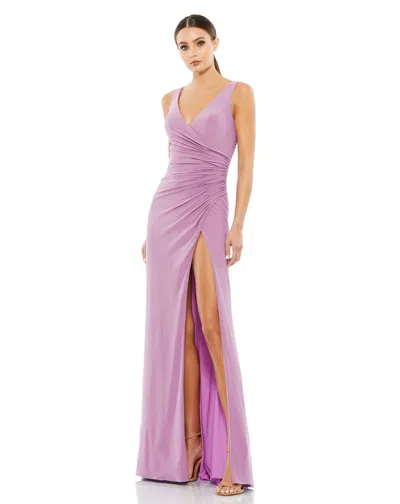 Mac Duggal Purple Ruched Stretch Jersey V-neck Gown