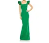 Ieena For Mac Duggal Ruffle Cap Sleeve Open Back Column Gown In Green