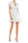 Mac Duggal Ruffle Shoulder Empire Waist Deep V-neck Dress In White In White