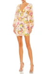 Mac Duggal Sequined Floral Long Sleeve Mini Dress In Pink Multi