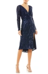 Mac Duggal A26555 Sequins Long Sleeve Cocktail Midi Dress In Midnight