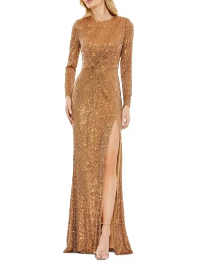 Ieena For Mac Duggal Sequin Twist Gown In Antique Gold