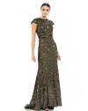 Mac Duggal Sequined Cap Sleeve High Neck Gown In Black Gold