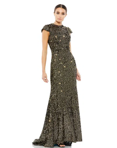 Ieena For Mac Duggal Sequined Cap Sleeve High Neck Gown In Black Gold