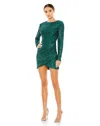 Ieena For Mac Duggal Sequined Long Sleeve Open Back Ruched Dress In Gold