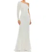 Mac Duggal One-shoulder Gown With Dramatic Puff Sleeve And Thigh-high Slit In White In White