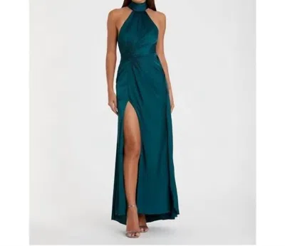 Ieena For Mac Duggal Side Ruched Satin Halter Gown Dress In Ocean Blue