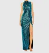 Mac Duggal High Neck Keyhole Cutout Sleeveless Metallic Jersey Gown In Blue