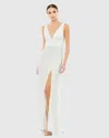 Mac Duggal Faux Wrap V-neck Slit Jersey Gown In White In White