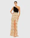 Ieena For Mac Duggal One Shoulder Layered Metallic Ruffle Gown In Black Gold
