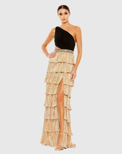 Ieena For Mac Duggal Tiered One Shoulder Gown In Black Gold