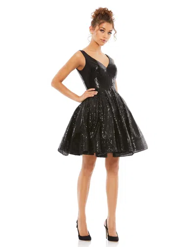 Ieena For Mac Duggal V Neck Fit & Flare Mini Dress In Noir Sequins