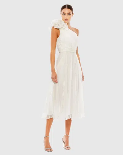 Mac Duggal White Rosette One Shoulder Tea Length Dress