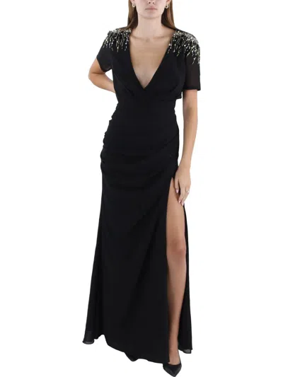 Mac Duggal Sequined Embellished Shoulder Evening Gown In Black