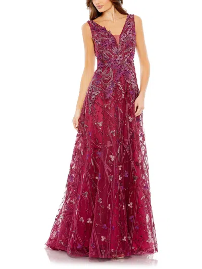 Ieena For Mac Duggal Womens Embellished Illusion Evening Dress In Red
