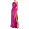 Ieena For Mac Duggal Gathered One Shoulder Satin Faux Wrap Gown In Pink