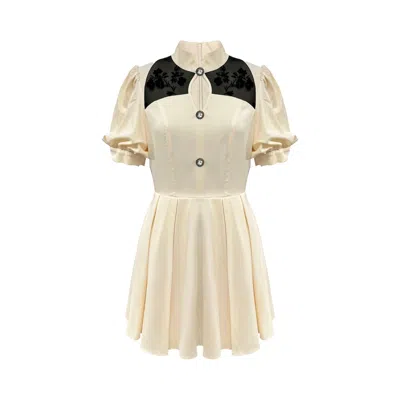 Iellele Women's Neutrals Retro Elegance Dress – Apricot With Floral Details