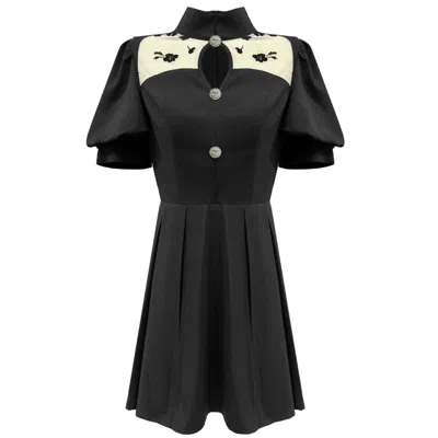 Iellele Women's Retro Elegance Dress – Black With Floral Details