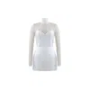 Iellele Women's White Noel Mini Dress With Mesh Turtleneck And Detachable Faux Fur Trim In White