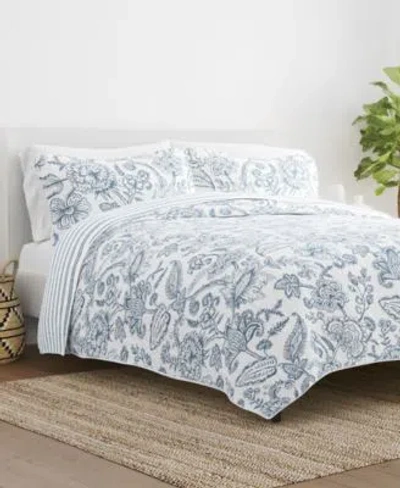 Ienjoy Home All Season Jacobean Stripe Reversible Quilt Set Collection In Dusk Blue
