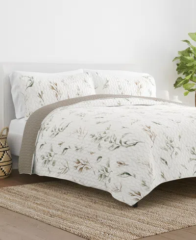 Ienjoy Home Watercolor Leaves And Stripe Reversible 3-pc. Quilt Set, King/california King In Latte