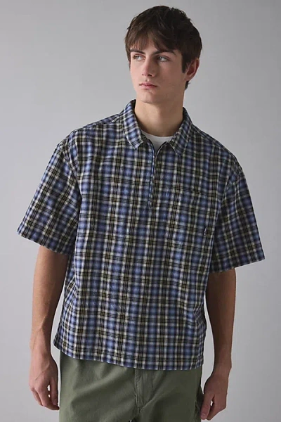 Iets Frans . Check Quarter Zip Short Sleeve Shirt Top In Blue, Men's At Urban Outfitters
