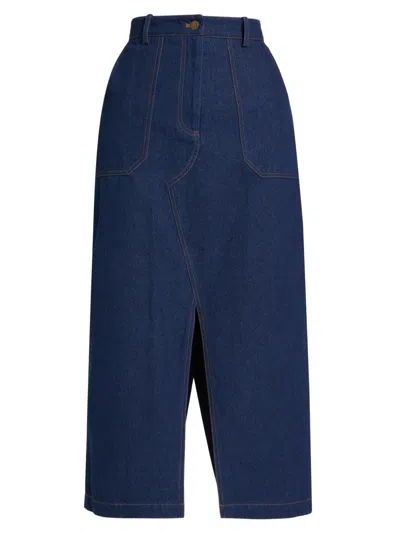 If Only Studio Women's Denim Topstitched Midi-skirt In Blue