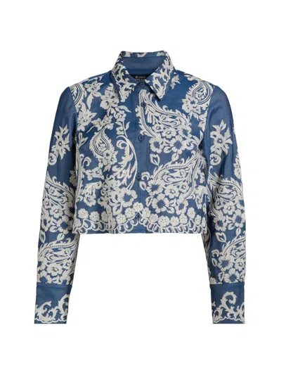 If Only Studio Women's Embroidered Chambray Crop Long-sleeve Shirt In Blue