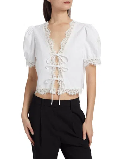 If Only Studio Women's Lace-trim Puff-sleeve Shirt In White