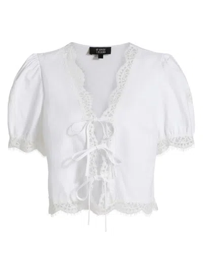 If Only Studio Women's Lace-trim Puff-sleeve Shirt In White