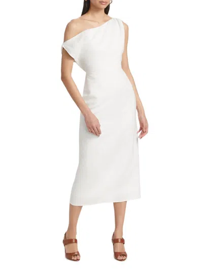 If Only Studio Women's One Shoulder Linen-blend Midi-dress In White