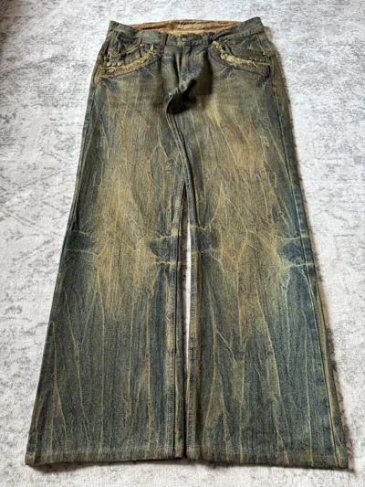 Pre-owned If Six Was Nine 2000s Oilcake Japan Crackle Bleed Mud Wash Loose Jeans In Blue
