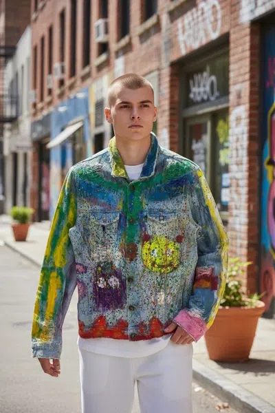 Pre-owned If Six Was Nine P.grax Denim Jacket Painting Art In Multi