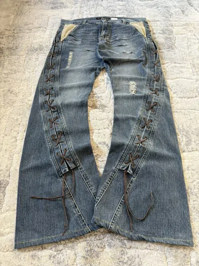 Pre-owned If Six Was Nine Slow Hand Jam 40 Paneled Asymmetrical Lace Up Flared Jeans In Blue