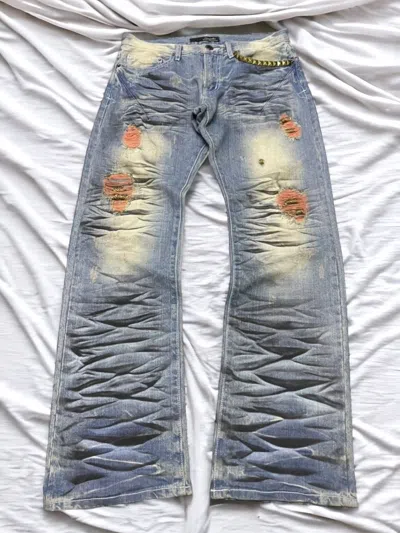 Pre-owned If Six Was Nine X Le Grande Bleu L G B Dominate Japan Pierced Studded Whiskers Mud Wash Jeans In Washed Blue