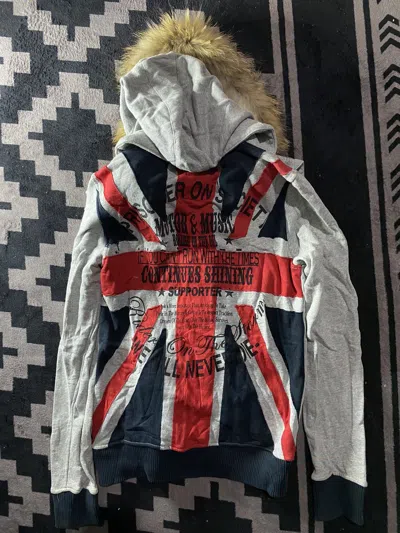 Pre-owned If Six Was Nine X Le Grande Bleu L G B In The Attic Fur American Flag Poem Multi Hoodie In Grey