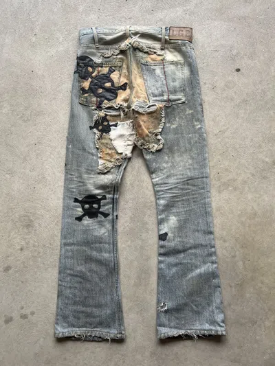 Pre-owned If Six Was Nine X Le Grande Bleu L G B Lgb ‘crazy Wolf' Skull Patch Flared Jeans In Denim