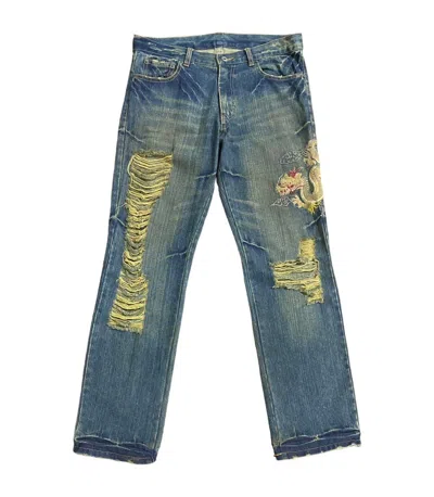 Pre-owned If Six Was Nine X Vintage Ripped Japanese Dragon Sukajan Mud Wash Jeans In Blue