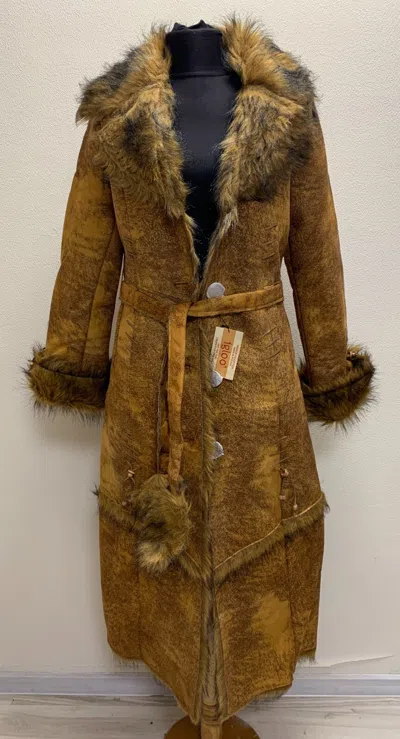 Pre-owned Igloo Women Suede Leather Coat Brown With Fur Hood Size Xl Eur 46 Usa 14