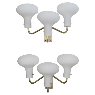 Pre-owned Ignazio Gardella Italian Brass Glass Lp12 Sconces Wall Lamps Azucena Italy 1960s In Clear