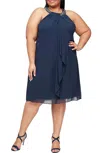 Ignite Evenings Halter Braid Bead Neck Chiffon Dress In Navy In Black
